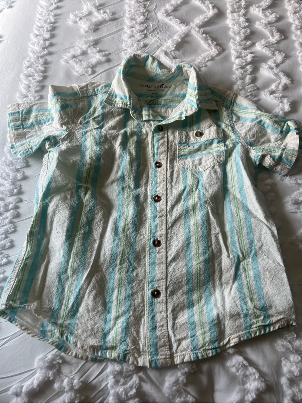 Caribbean Joe White Short Sleeve Button-Up with Aqua & Light Green Stripes